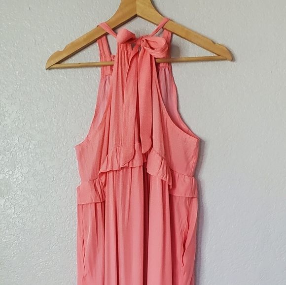 Halter Tied Neck Pink Tiered Ruffle Boho Flowy Maxi Dress W/ Pockets Size Medium - Picture 8 of 9